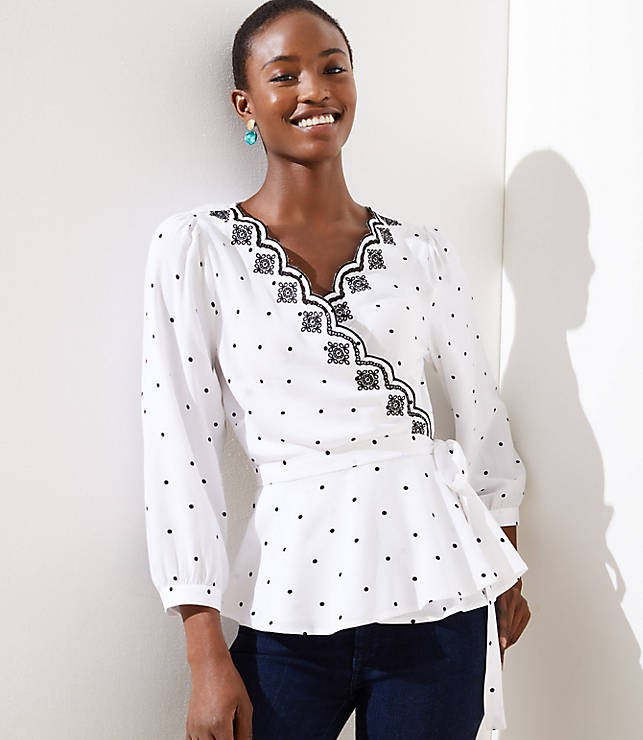 Dotted Scalloped Wrap Top | LOFT
