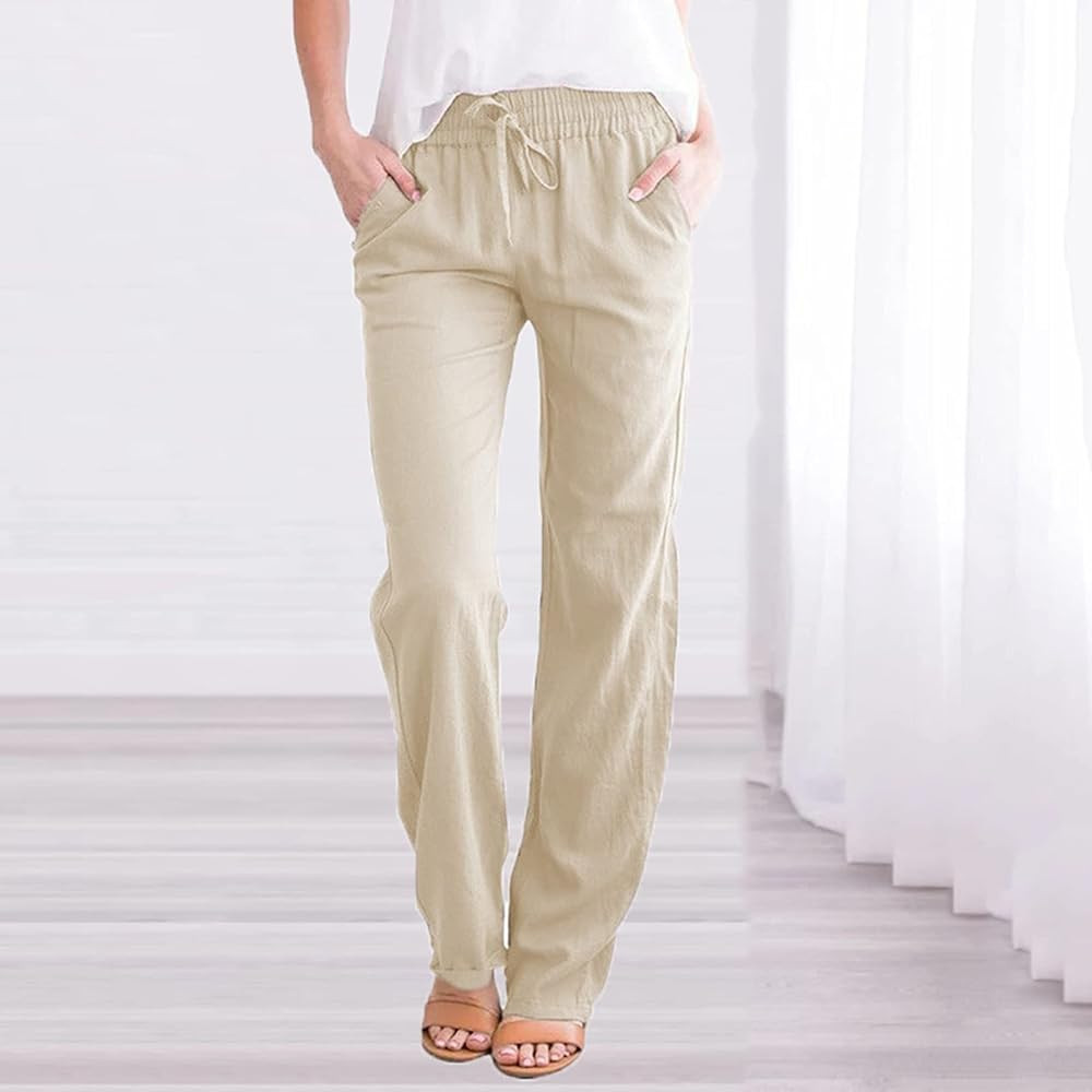 Solid Straight Linen Pants Waist Long Women Casual Elastic Drawstring Cotton Pants Linen Trousers fo | Amazon (US)