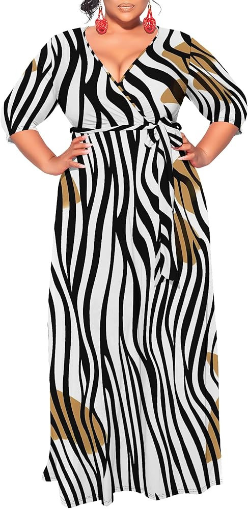 Women Summer Plus Size Maxi Wrap Dress Casual V-Neck 3/4 Sleeve Fashion Loose Flowy Beach Vacatio... | Amazon (US)