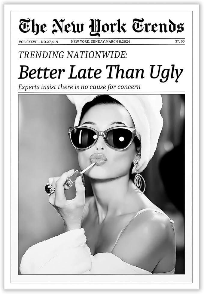 Amazon.com: New York Trends Wall Art Black and White Newspaper Better Late Than Ugly Poster Canva... | Amazon (US)