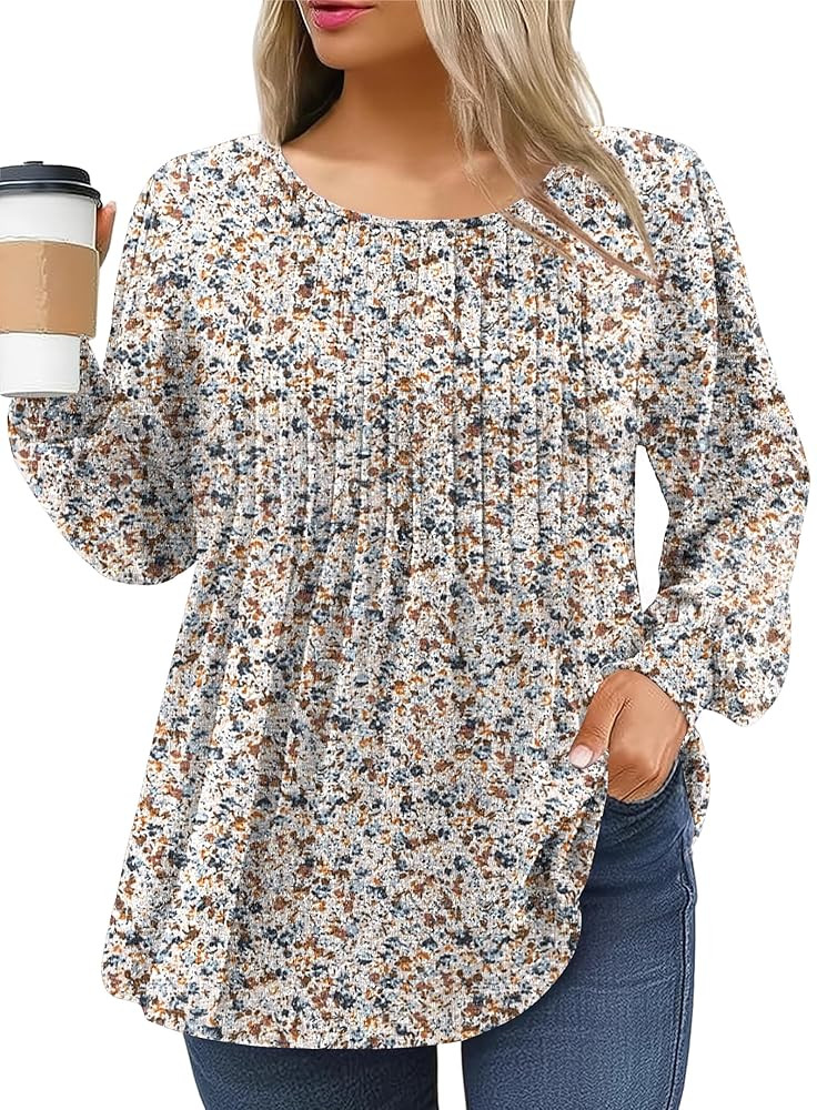 IN'VOLAND Women's Plus Size Long Sleeve Tunic Tops Pleated Crew Neck Shirts Casual Loose Blouse F... | Amazon (US)