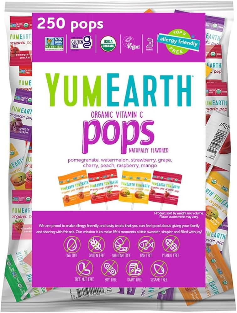 YumEarth Organic Vitamin C Pops Variety Pack, 250 Fruit Flavored Favorites Lollipops, Allergy Fri... | Amazon (US)