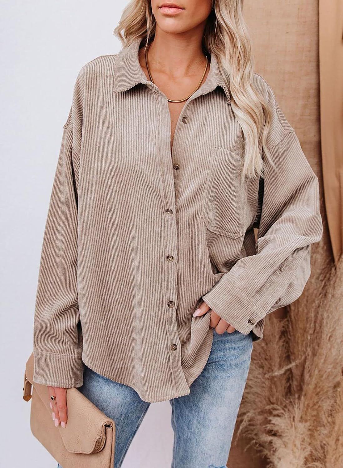 Sidefeel Women Corduroy Long Sleeve Button Down Shirt Oversized Jacket Tops | Amazon (US)