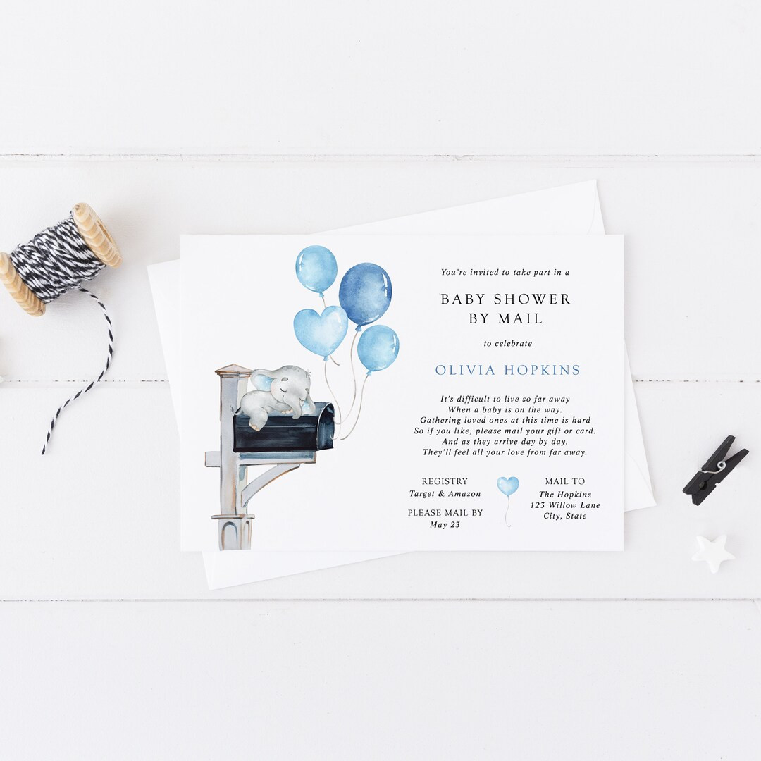 Baby Elephant Shower by Mail Invitation with Blue Balloons | Printable Long Distance Baby Shower ... | Etsy (US)