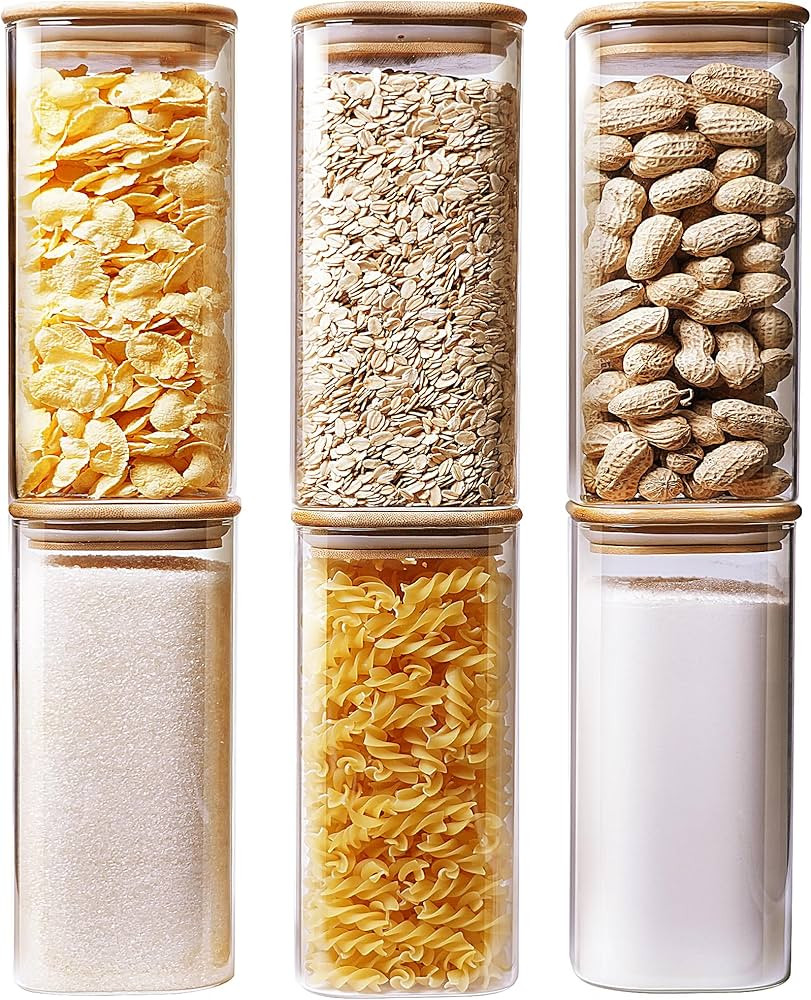 Tarros cuadrados de vidrio con tapas de bambú de 34 onzas líquidas [juego de 6], recipientes de... | Amazon (US)