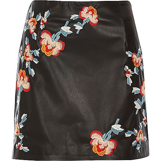 Black leather look embroidered mini skirt | River Island (UK & IE)