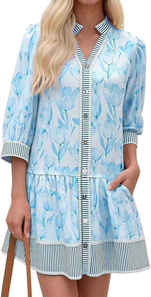 Wenrine Women's Floral Boho Mini Dress 3/4 Long Sleeve V Neck Casual Button Down Shirt Dresses | Amazon (US)