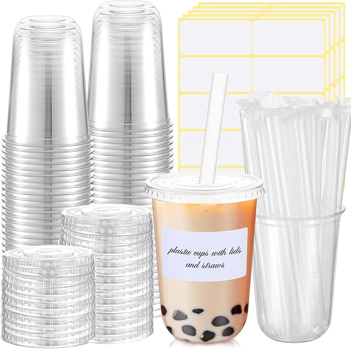 50 Sets Crystal Plastic Clear Cups with Lids, Straws and Stickers, Disposable Iced Coffee Cups Th... | Amazon (US)