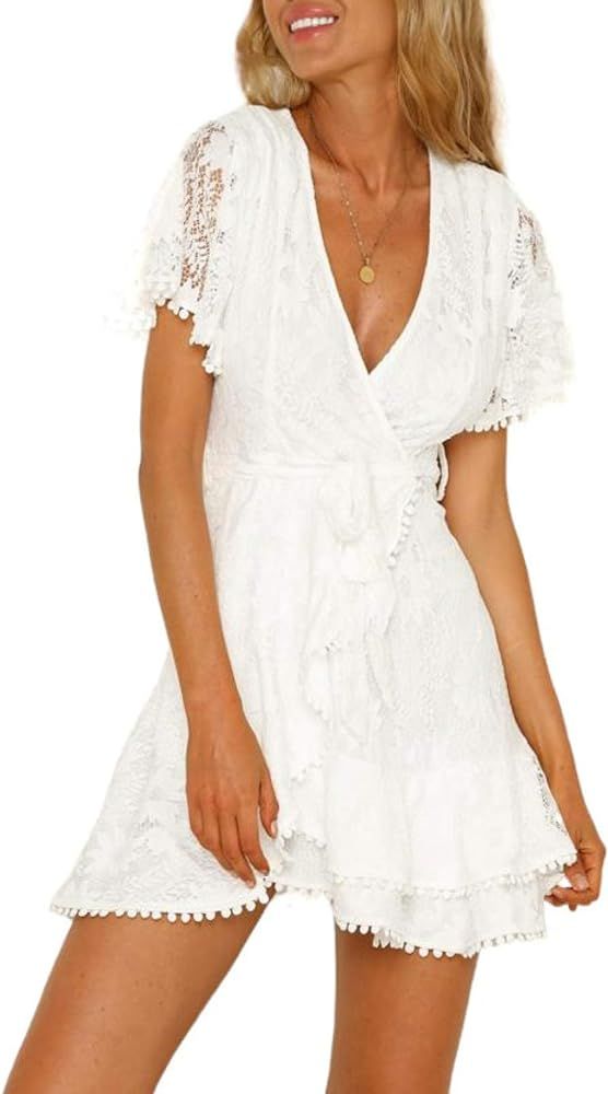 Asvivid Womens Sexy V Neck Floral Lace Wrap Dresses Short Sleeve Asymmetrical Ruffle Mini Dresses | Amazon (US)