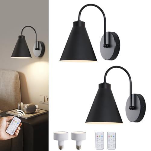 Powfloven Vintage Cordless Gooseneck Battery Operated Wall Sconces Set of 2, Black Bedside Battery Powered Wall Decor Lamps with Remote Control, Wireless Indoor LED Lights Fixture for Hallway Bedroom | Amazon (US)