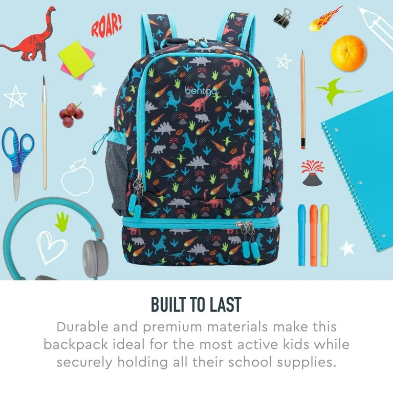 Bentgo Kids Prints 2-in-1 Backpack with Built-In Insulated Lunch Bag - Blue Dinosaur | Walmart (US)