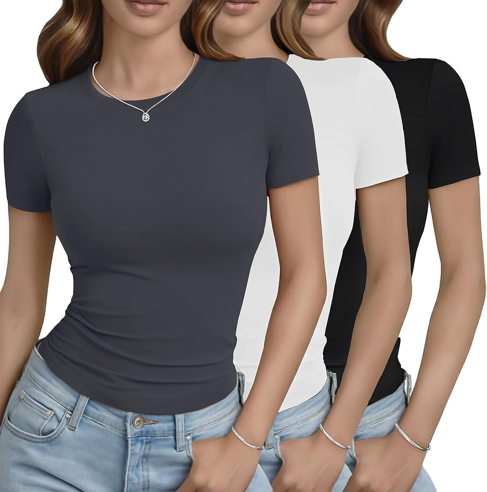 GAYHAY Paquete de 3 camisetas básicas para mujer, cuello redondo, ajustadas, lindas camisetas co... | Amazon (US)