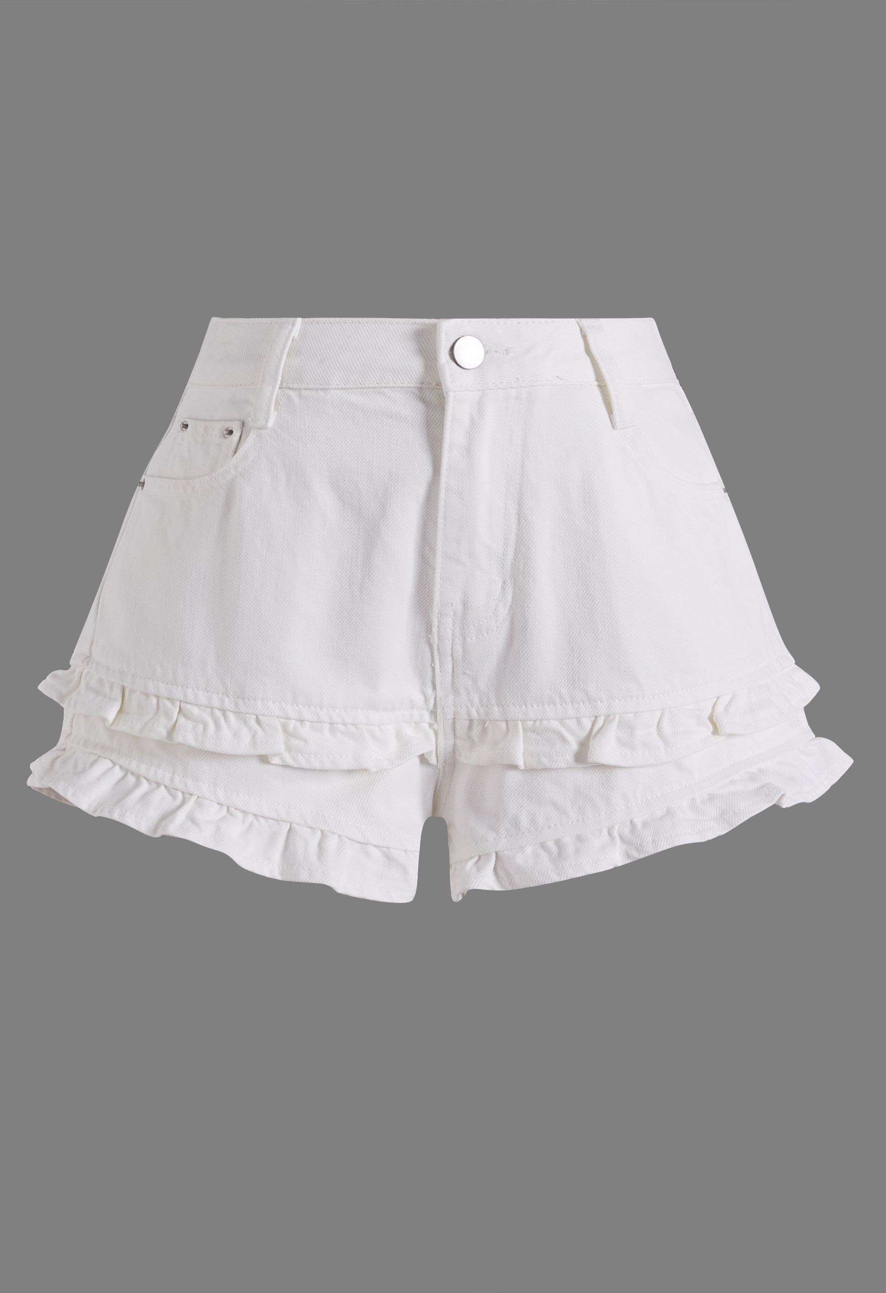 Tiered Ruffle Hem Denim Shorts in White for Beach Trips & Shopping Days | Chicwish