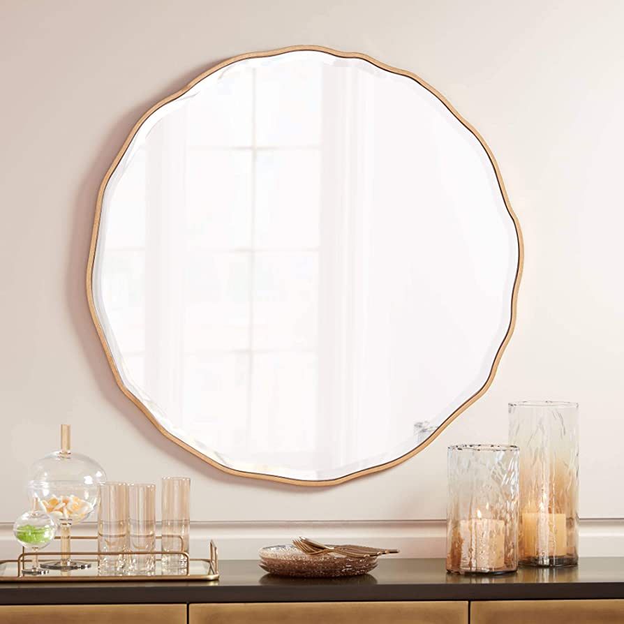 Noble Park Lissa Round Vanity Decorative Wall Mirror Modern Gold Waved Edge Wood Finish Frame Rou... | Amazon (US)