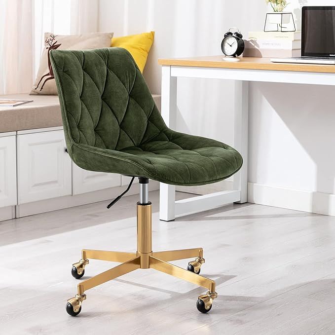 Zesthouse Armless Rolling Desk Chair with Wheels, Velvet Home Office Chair with Gold Base, Height... | Amazon (US)