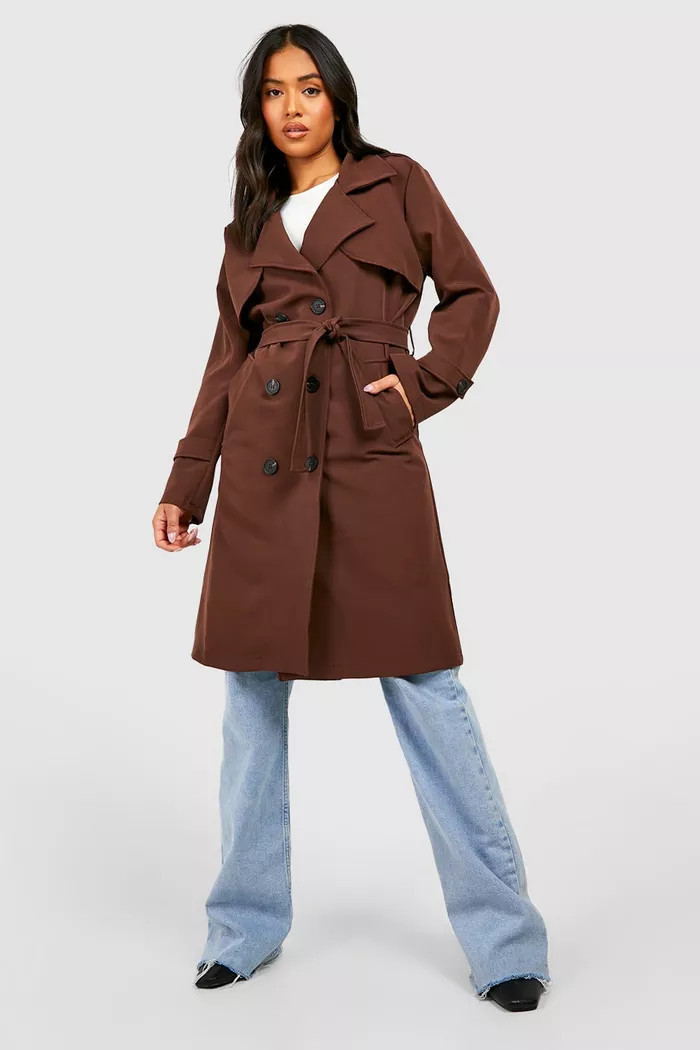 Petite Button Detail Belted Trench Coat | Boohoo.com (UK & IE)