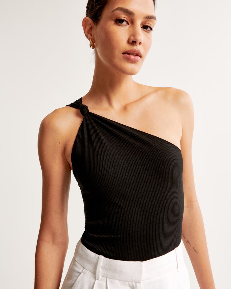 Asymmetrical One-Shoulder Knotted Rib Bodysuit | Abercrombie & Fitch (US)