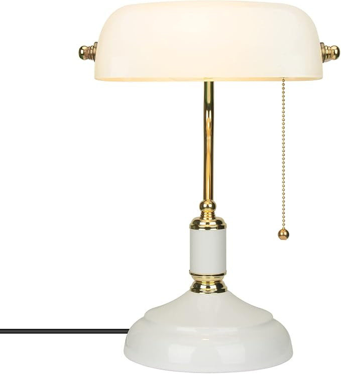 FIRVRE White Glass Bankers Desk Lamp, Traditional Home Office Table Lamps with Pull Chain Switch,... | Amazon (US)