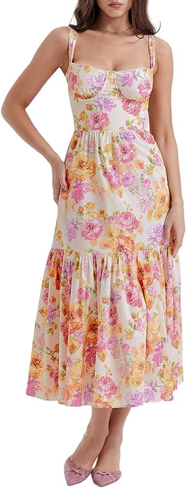 aporake Women Spaghetti Strap Maxi Dresses Sexy Backless Floral Printed Bodycon Going Out Cami Dress for Club Party | Amazon (US)