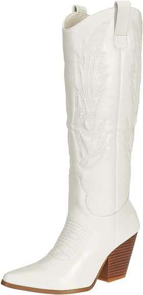 Women's Cowgirl Cowboy Boots Knee High Chunky Heel Western Fashion Wedding Shoes | Amazon (US)