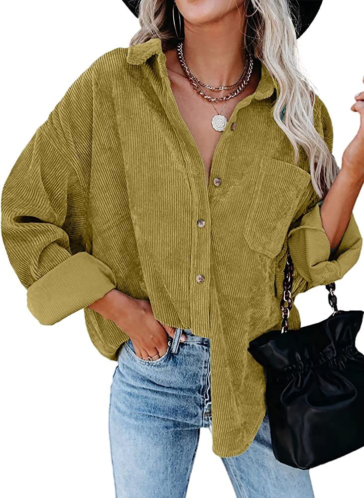 Astylish Women Corduroy Shirts Casual Long Sleeve Button Down Blouses Top | Amazon (US)