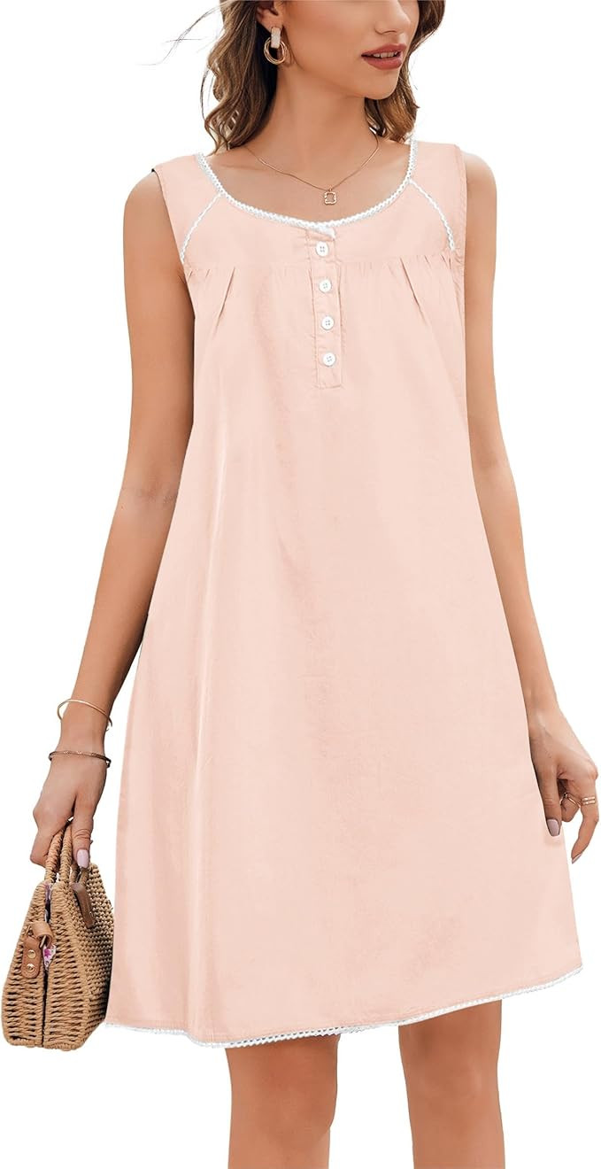 Ekouaer Women's Nightgown Sleepwear Cotton Sleeveless Sleep Dress V Neck Nightwear Loungewear | Amazon (US)