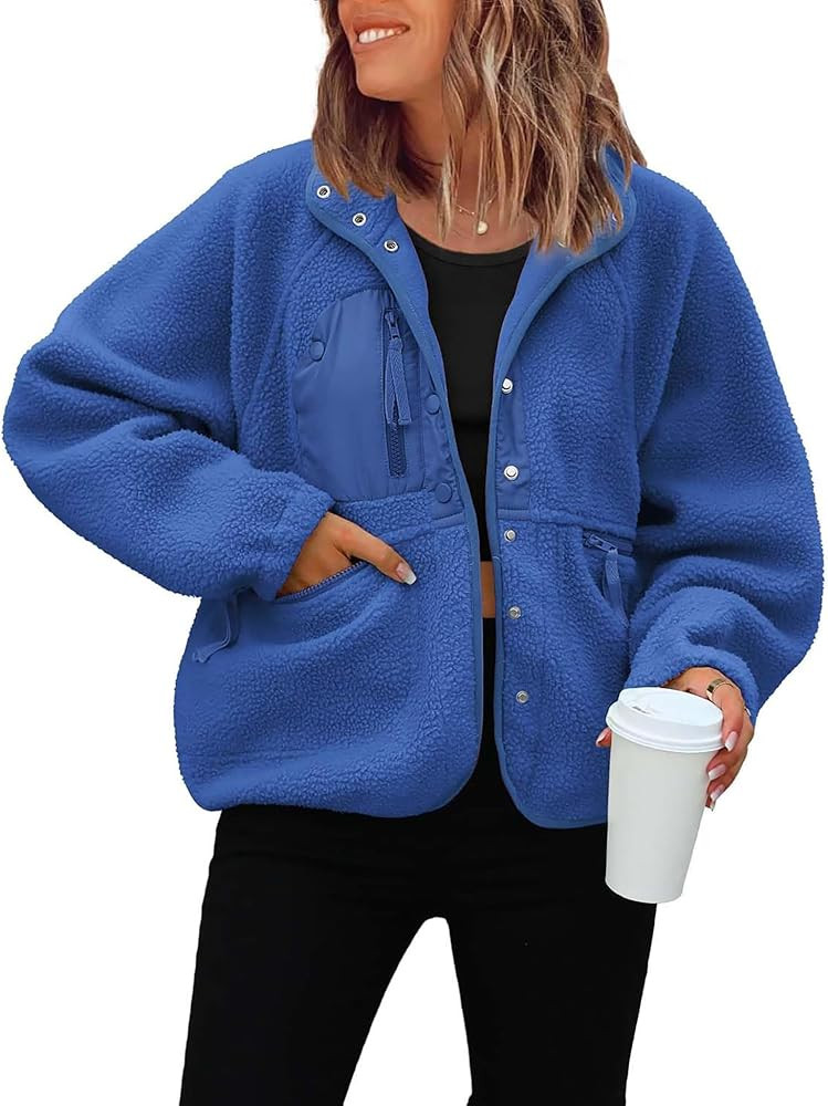 ReachMe Womens Sherpa Jacket Casual Lapel Button Down Cropped Fuzzy Fleece Jackets Long Sleeve Wi... | Amazon (US)