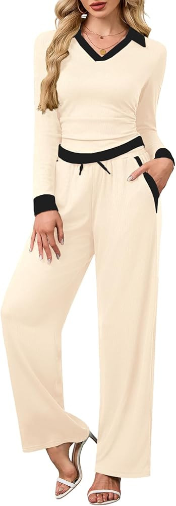 Meetjen Women's 2 Piece Sets Long Sleeve Top Wide Leg Pants Casual Tracksuits Fall Outfit Matchin... | Amazon (US)