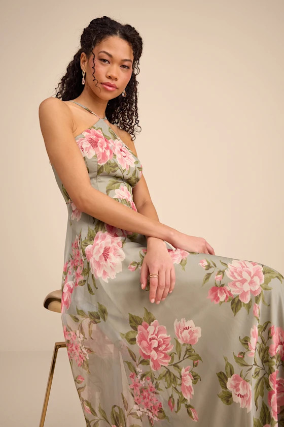 Romantic Marvel Sage Floral Print Halter Neck Maxi Dress | Lulus
