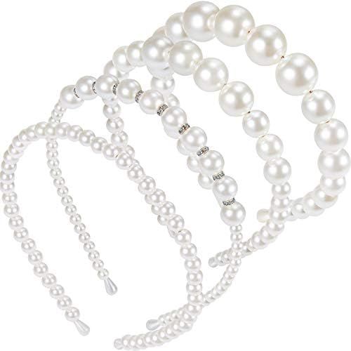 4 Pieces Pearls Headbands Women White Faux Pearl Rhinestones Hairbands Bridal Hair Hoop Wedding Hair | Amazon (US)