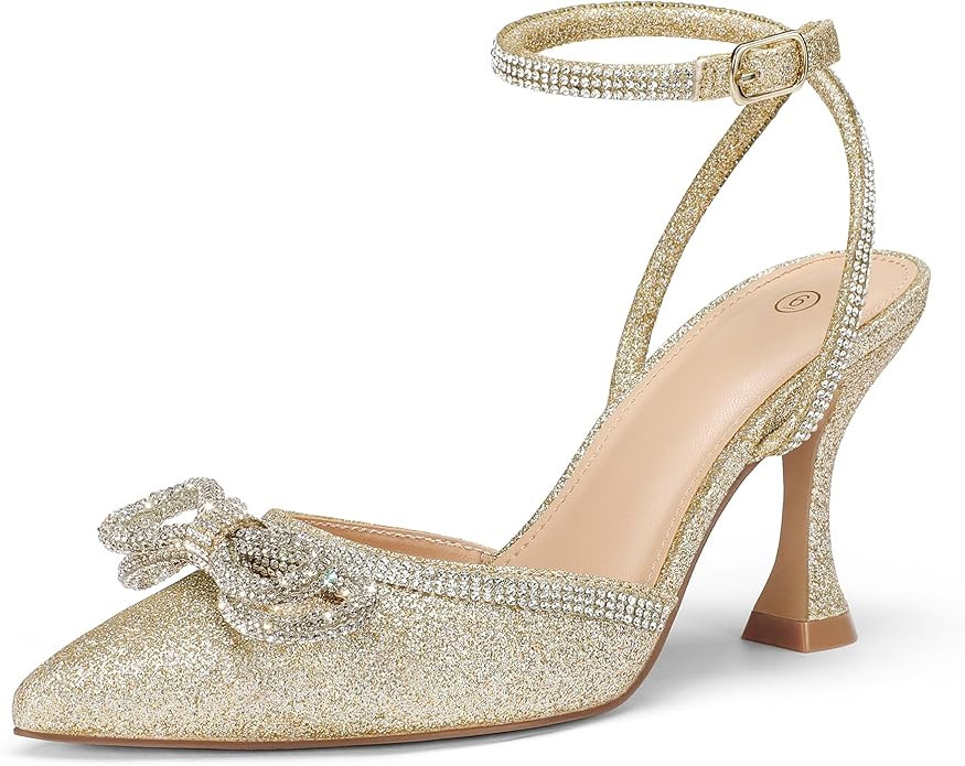 mysoft Women's Rhinestone Bow Pumps Wedding Dress Shoes Pointed Toe Ankle Strap Kitten Heels | Amazon (US)