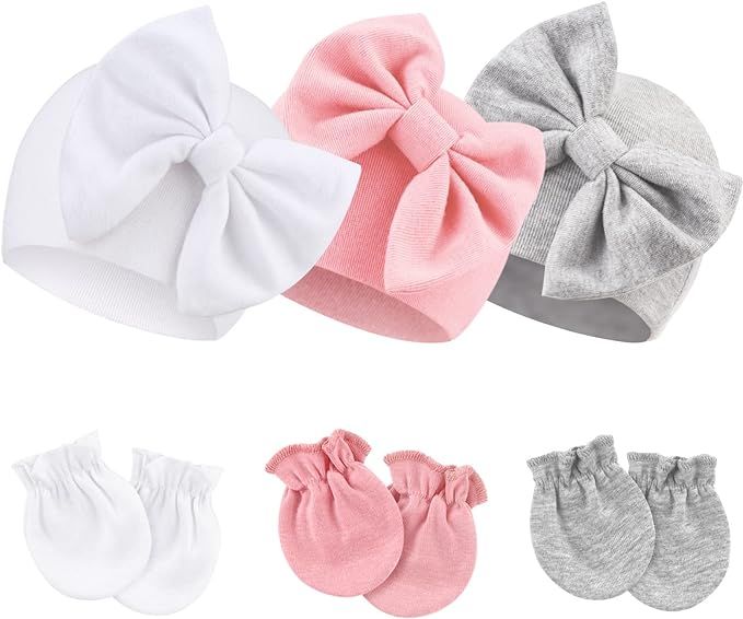 BQUBO Newborn Baby Hospital Hats Beanie Bow Infant Caps Baby Cotton No Scratch Mittens Set for 0-... | Amazon (US)