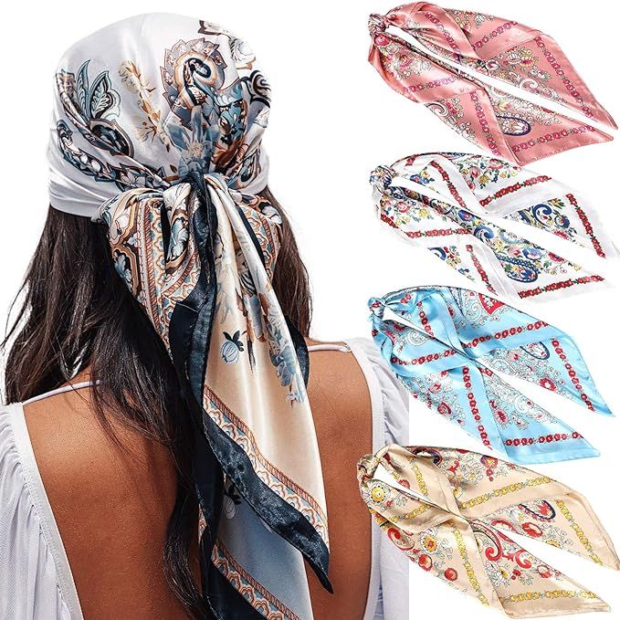 35” Satin Large Square Head Scarves - 4PCS Silk Like Neck Scarf Hair Sleeping Wraps Lightweight... | Amazon (US)