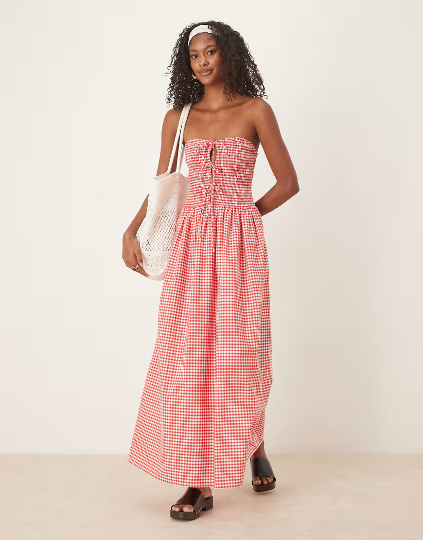 ASOS DESIGN bandeau maxi dress with shirred bodice and tie detail in red gingham print | ASOS (Global)