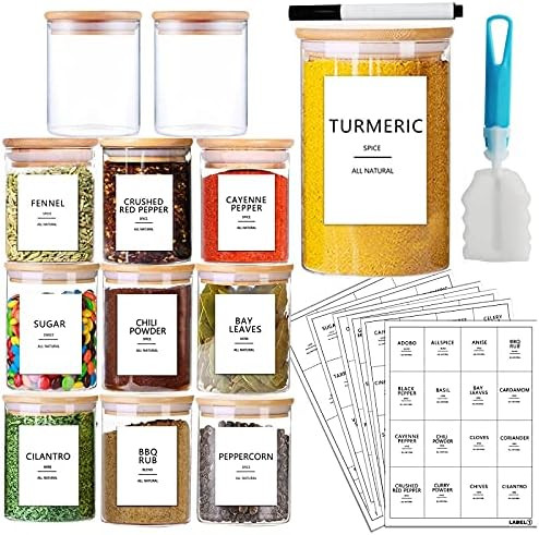 AISIPRIN 12 Pcs Glass Spice Jars with Bamboo Airtight Lids and 114 Labels - 9oz Small Food Storage C | Amazon (US)