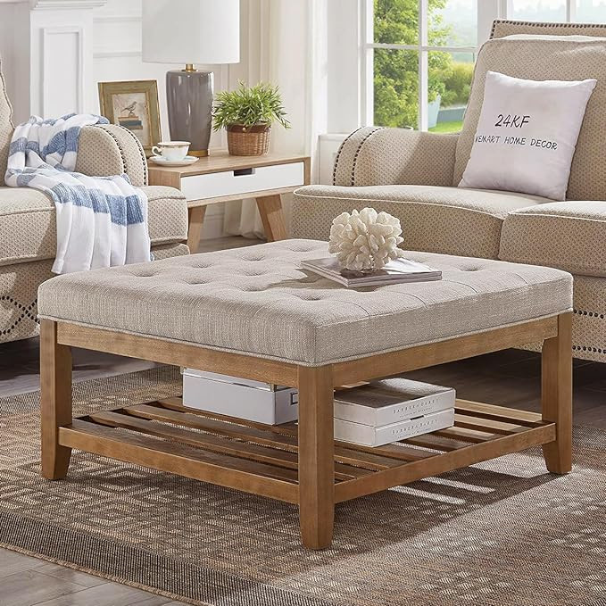 24KF Large Square Upholstered Tufted Linen Ottoman Coffee Table, Large Footrest Ottoman with Soli... | Amazon (US)