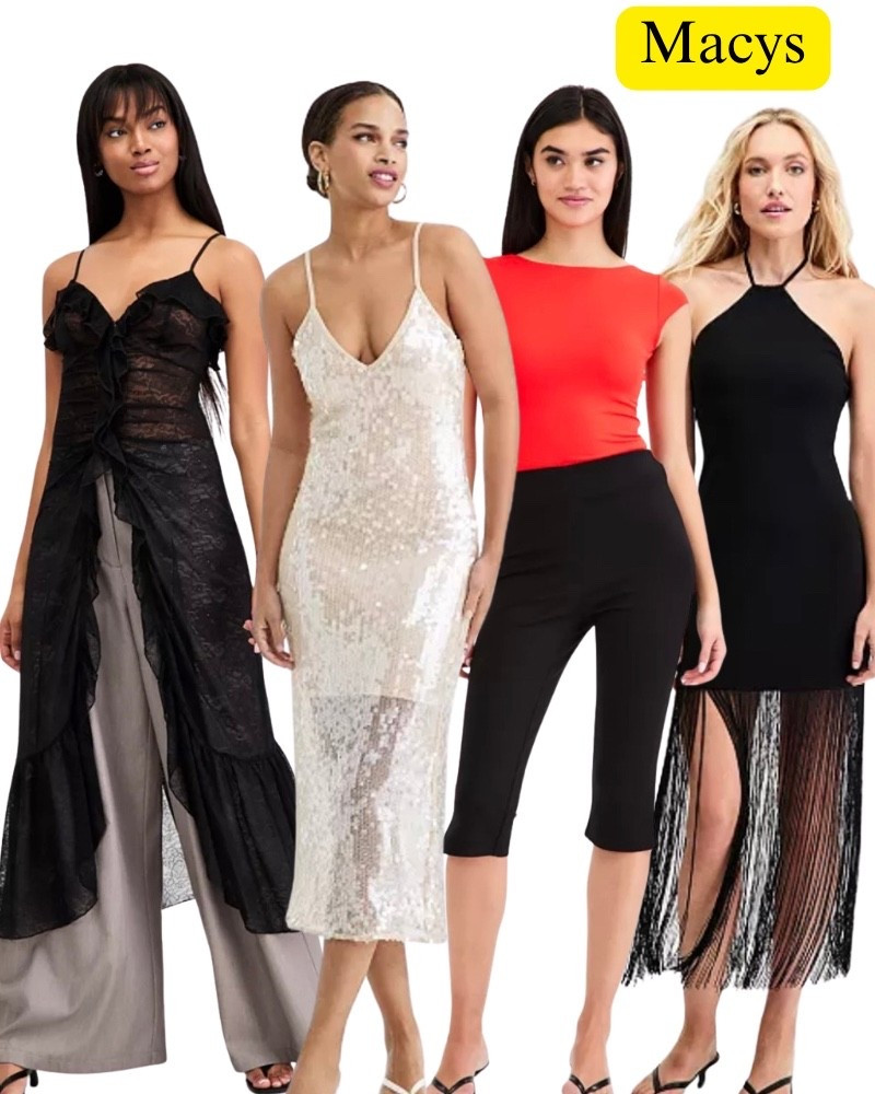 Macy’s favorites, sequin maxi, dress, fringe, halter dress, black, capri, pants, blouse, summer, spring, date, night, white, black, sale.@Macys 