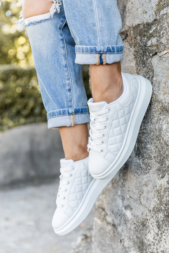 Sarah White Quilted Leather Sneakers | Pink Lily