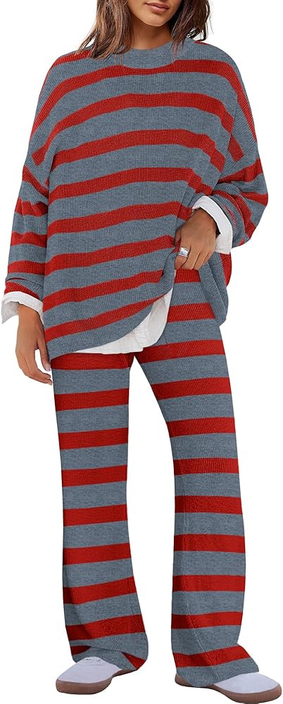 Panadila Womens Oversized Lounge Sets Striped Sweater Set 2 Piece Pajama Set Long Sleeve Top and ... | Amazon (US)