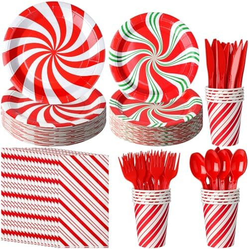 Candy Cane Party Plates Supplies - Peppermint Swirl Red Green Paper Plate Napkins Cup Knives Spoo... | Amazon (US)