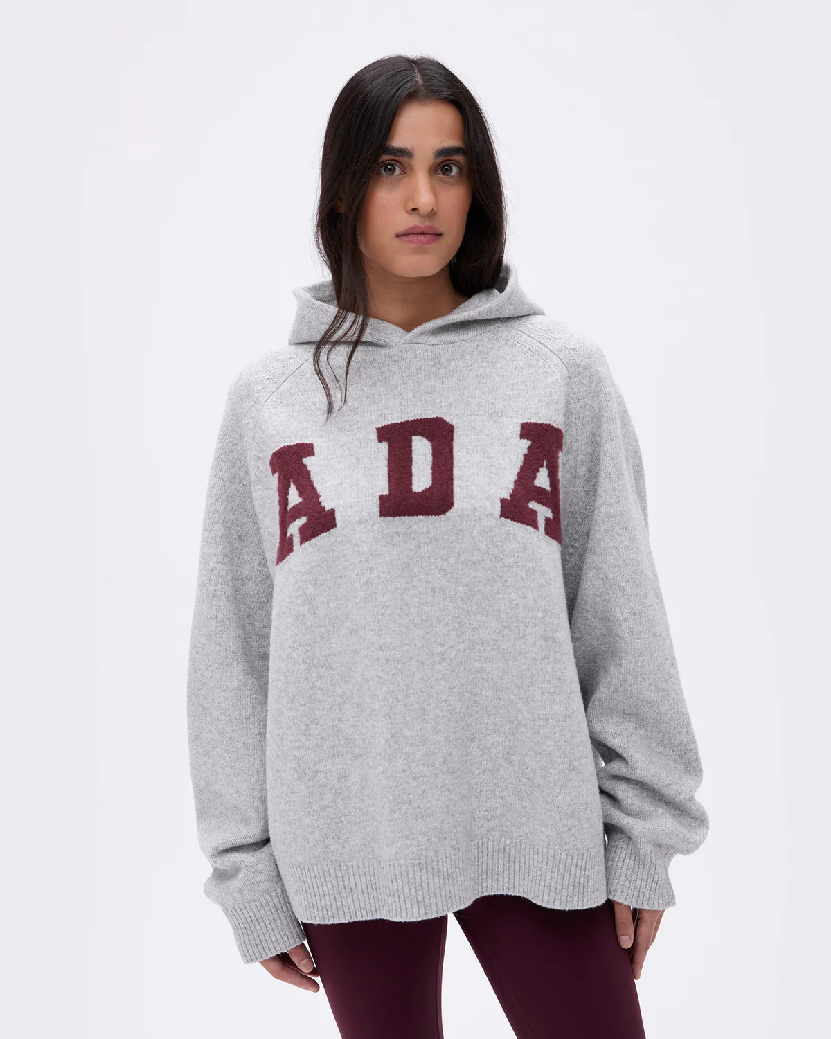 ADA Oversized Knit Hoodie - Light Grey Melange/Burgundy | Adanola UK