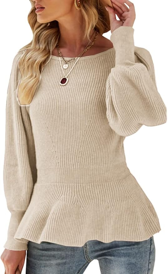 Womens Fall Puff Sleeve Peplum Casual Slim Fit Knit Pullover Sweater Jumper Tops | Amazon (US)