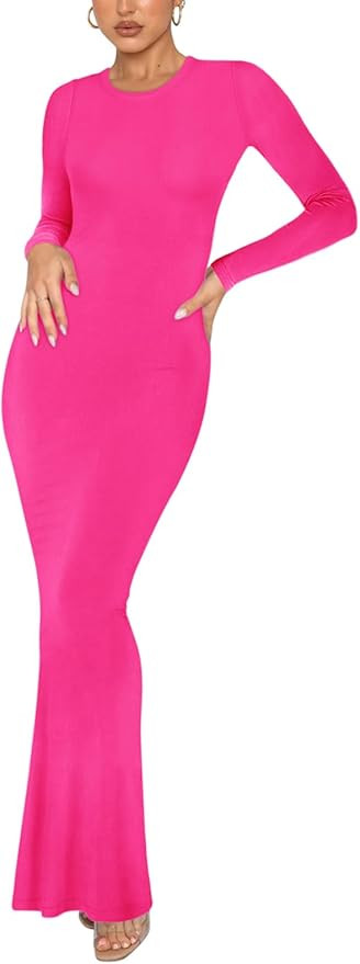 REORIA Women's Sexy Crew Neck Lounge Long Dress Elegant Long Sleeve Ribbed Bodycon Maxi Dresses | Amazon (US)