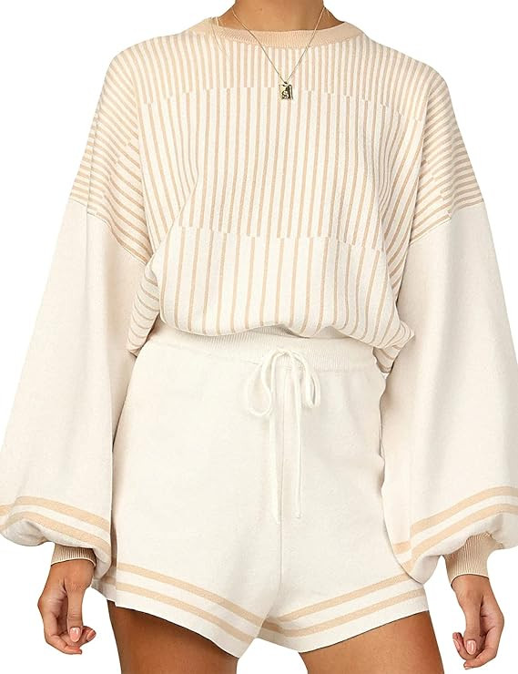 UANEO 2 Piece Outfits for Women Striped Knitted Sweater Pullover Shorts Lounge Set | Amazon (US)