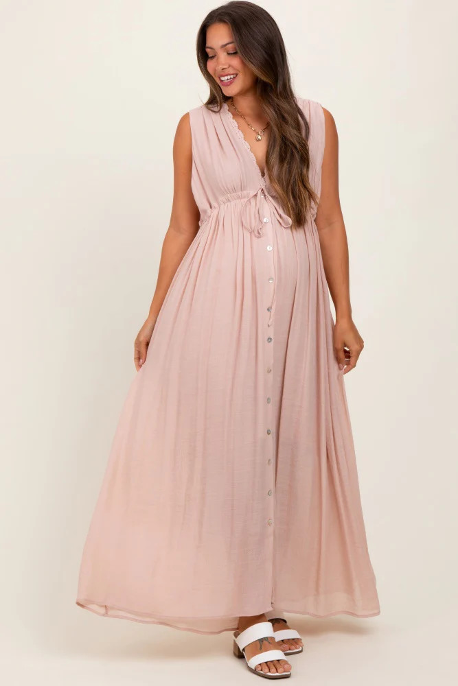 Light Pink Deep V-Neck Sleeveless Button Down Maternity Maxi Dress | PinkBlush Maternity
