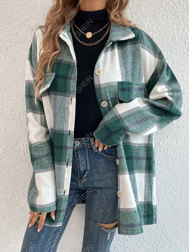 SHEIN LUNE Plaid Print Drop Shoulder Flap Detail Coat | SHEIN