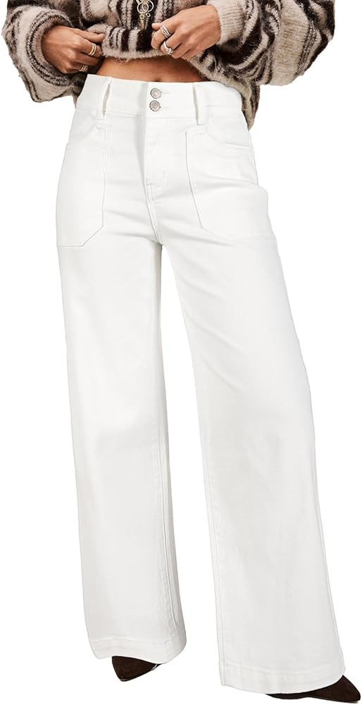 Astylish Women's High Waisted Wide Leg Jeans Stretch Denim Pants Double Button Trousers with Patc... | Amazon (US)
