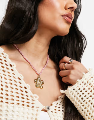 DesignB London cord necklace with flower pendant in pink and gold | ASOS (Global)