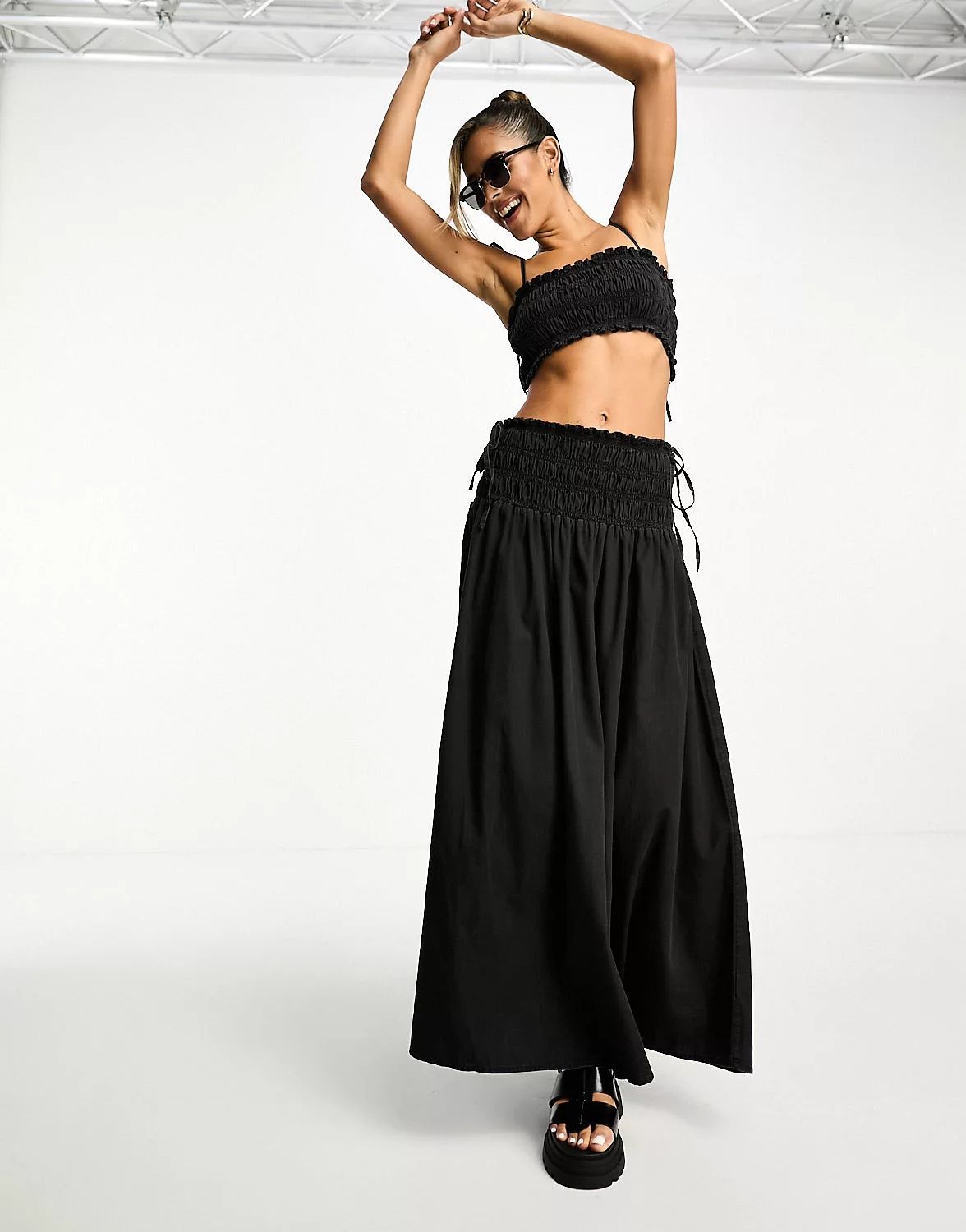 ASOS DESIGN soft denim maxi skirt with ruched waist in washed black co-ord | ASOS (Global)