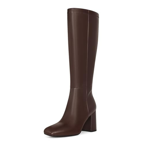 SOVANYOU Brown Leather Knee High Boots for Women Square Toe Brown Boots Chunky Heeled Tall Boots Go-Go Long Boot | Amazon (US)